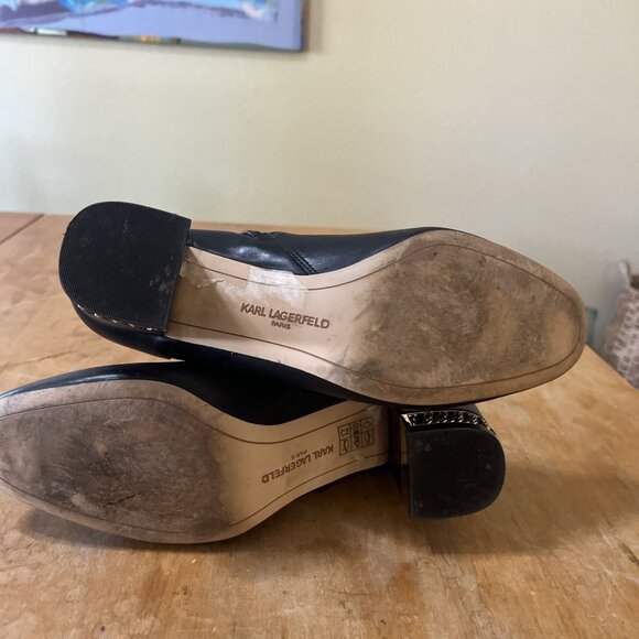 Karl Lagerfeld Paris Leather Heel Booties SZ 9.5 Black 3 In Heel Chain Decor - Picture 9 of 14